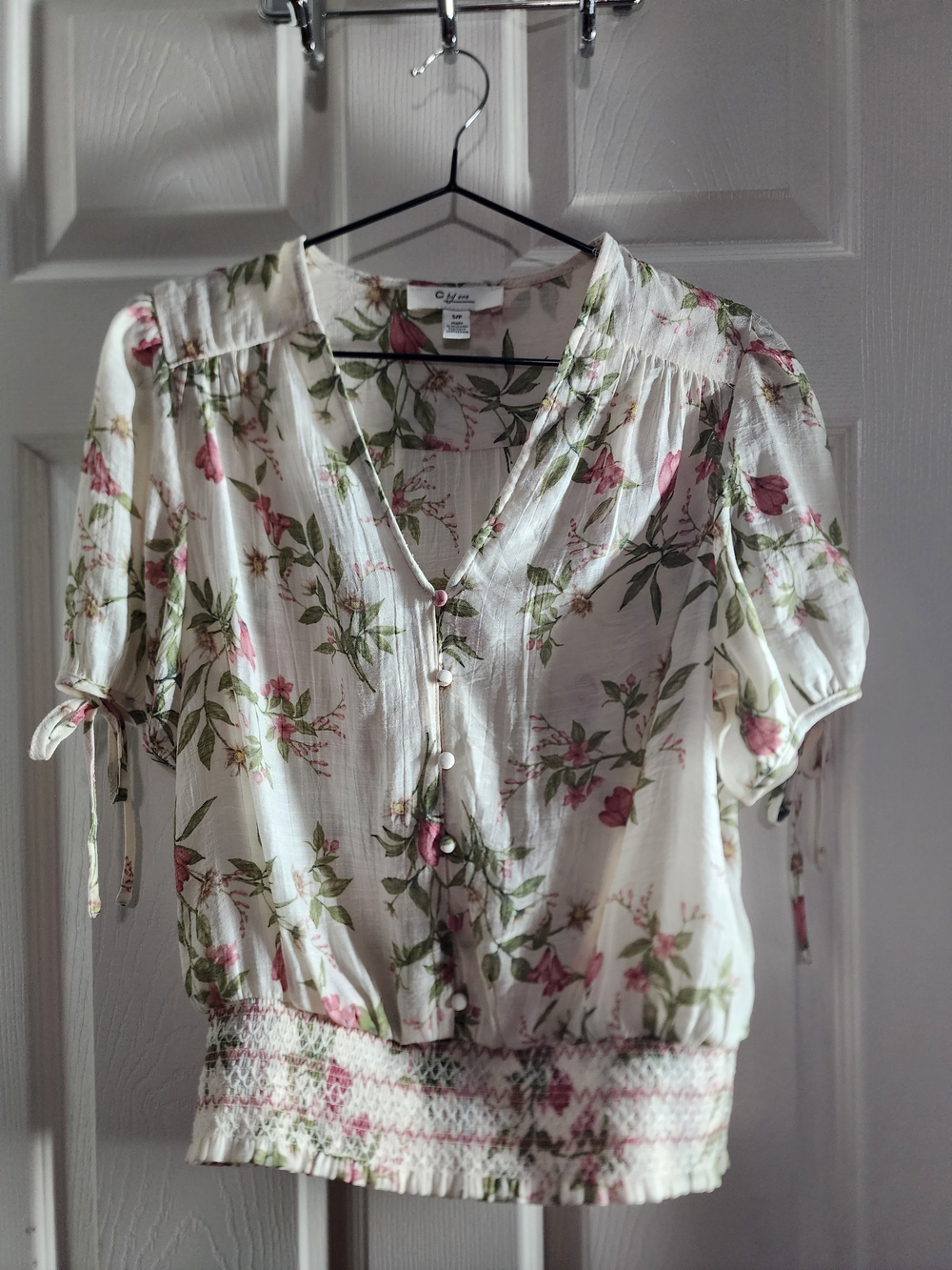 Cream Floral Button-Front Blouse with Pink and Green Accents By C by One